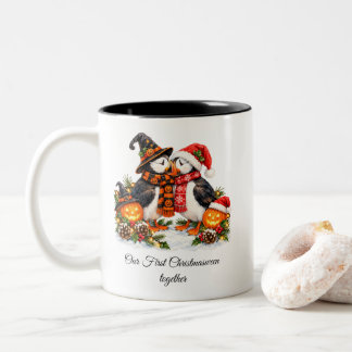 Caneca De Café Em Dois Tons Casais Românticos de Puffins no Christmasween