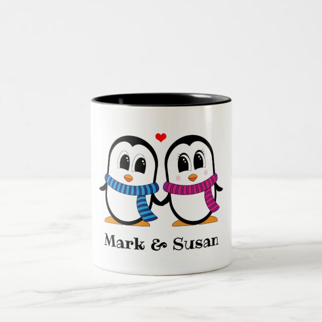 Caneca De Café Em Dois Tons Casal Pinguins Cuja Caneta (Centro)