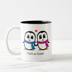 Caneca De Café Em Dois Tons Casal Pinguins Cute (Esquerda e Direita)