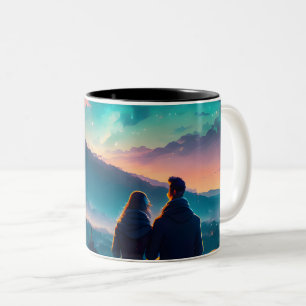 Caneca De Café Em Dois Tons Casal Sentado No Telhado