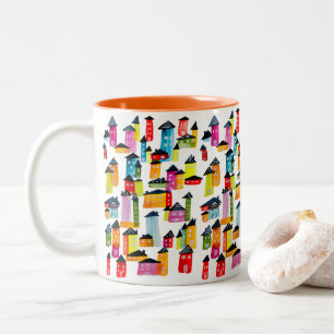 Caneca De Café Em Dois Tons Casas brancas de aquarela branca