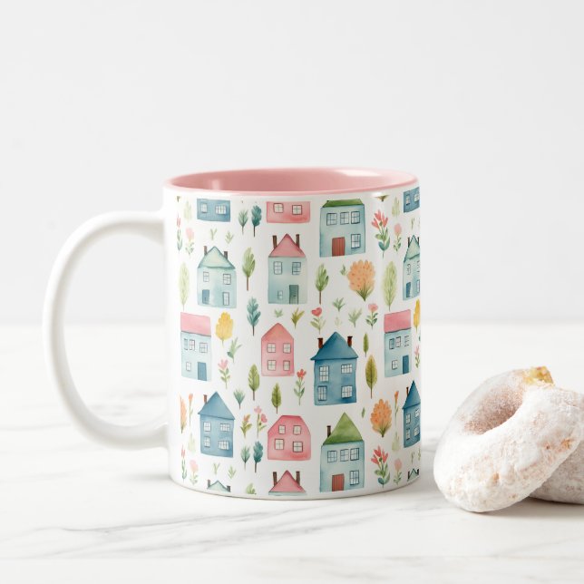 Caneca De Café Em Dois Tons Casas de Aquarelas de Pastel Cute (Com Donut)