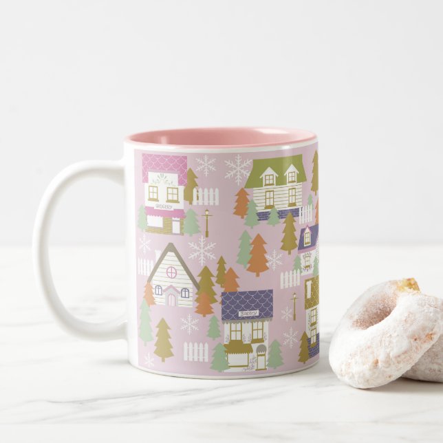 Caneca De Café Em Dois Tons Casas de Natal Rosa (Com Donut)