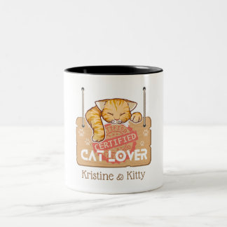 Caneca De Café Em Dois Tons Cat Lover certificado com nome da família
