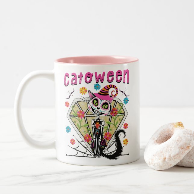 Caneca De Café Em Dois Tons Catoentre Halloween (Com Donut)