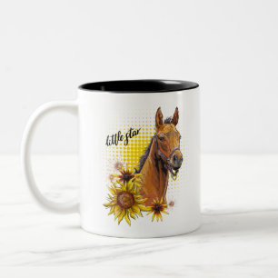 Caneca De Café Em Dois Tons Cavalo de desenho manual com girassóis