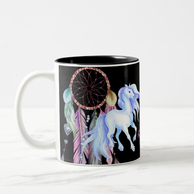 Caneca De Café Em Dois Tons Cavalo e Dreamcatcher ~ Sonhos e Desejos BOHO (Esquerda)