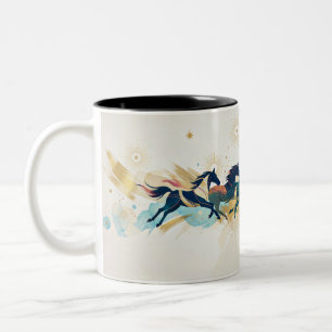 Caneca De Café Em Dois Tons Cavalos Correndo Aquarela Dourado Arte Abstrata