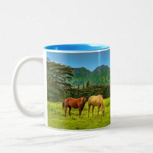 Caneca De Café Em Dois Tons Cavalos havaianos, Hokulei Peak, Kauai, Havaí