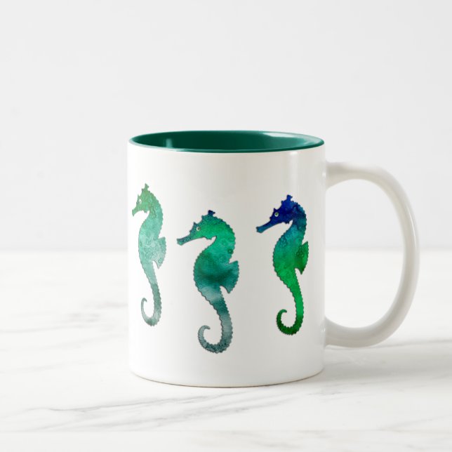 Caneca De Café Em Dois Tons Cavalos marinhos verdes escuro da aguarela (Direita)