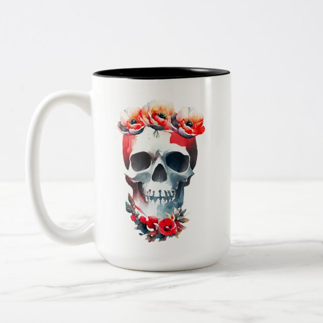 Caneca De Café Em Dois Tons Caveira E Rosas (Esquerda)