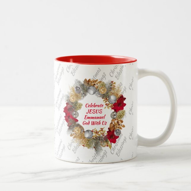 Caneca De Café Em Dois Tons CELEBRADO JESUS Wreath MONOGRAM White (Direita)