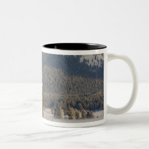 Caneca De Café Em Dois Tons Celeiro rústico e fardos de feno após uma neve fre