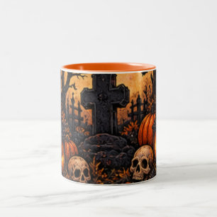 Caneca De Café Em Dois Tons Cemitério Assombrado ao Luar Gótico de Halloween