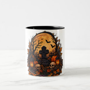 Caneca De Café Em Dois Tons Cemitério Assombrado ao Luar Gótico Halloween