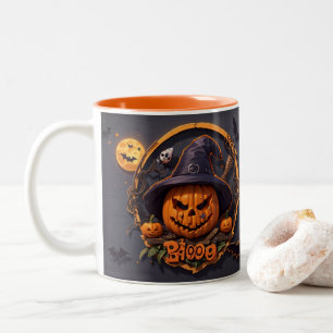 Caneca De Café Em Dois Tons Cena de Halloween 3D com Pumpkin, Caveira, Bruxa, 