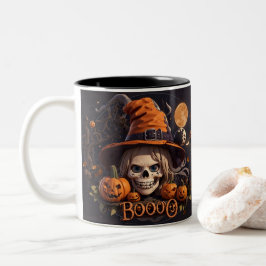 Caneca De Café Em Dois Tons Cena de Halloween assustadora com abóbora, bruxa, 