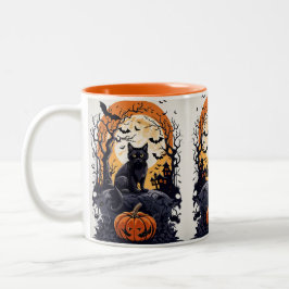 Caneca De Café Em Dois Tons cena de halloween com gato preto com lua noturna