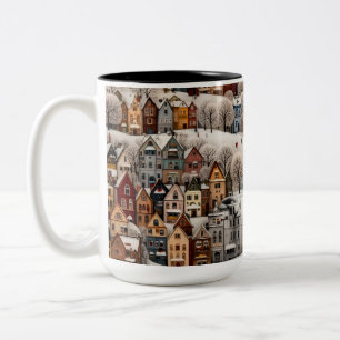 Caneca De Café Em Dois Tons Cena de Vila de Inverno Cidade Aconchegante e Neva