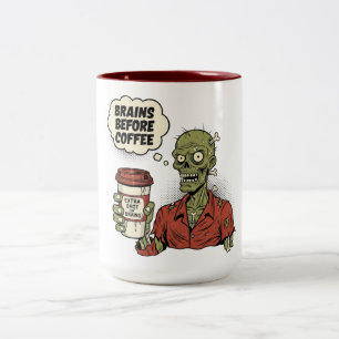 Caneca De Café Em Dois Tons Cérebros Antes do Café Zombie Halloween