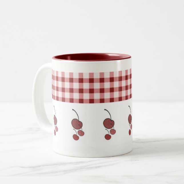 Caneca De Café Em Dois Tons Cerejas e Gingham Mug (Frente Esquerda)