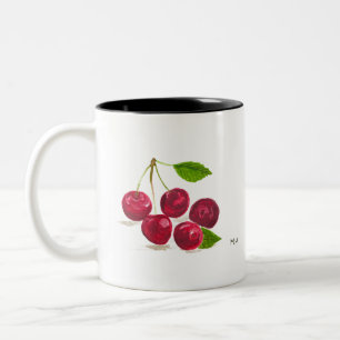 Caneca De Café Em Dois Tons Cerejas vermelhas aquarela frutas veganas comida