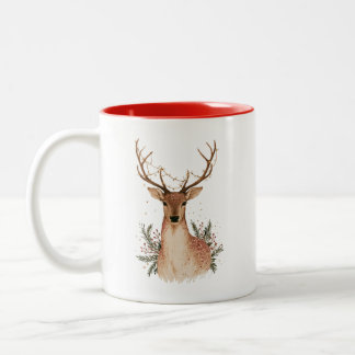 Caneca De Café Em Dois Tons Cervo de Natal com Luzes de Corda e Folhagens