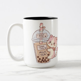 Caneca De Café Em Dois Tons Chá de Leite com Bolhas Abraçando Gato Kawaii | Ch