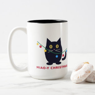 Caneca De Café Em Dois Tons Chaleira de Natal Meow Gato Preto Fofo