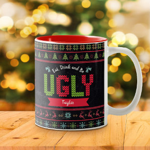 Caneca De Café Em Dois Tons Chalkboard de suéter nórdico de Natal feio