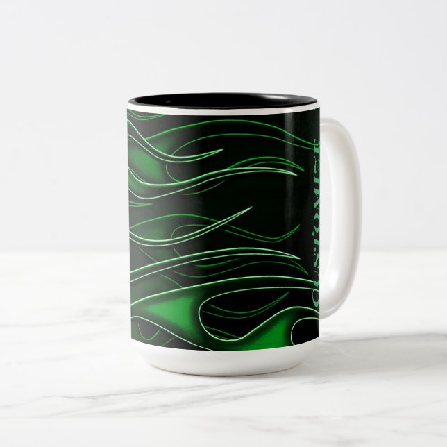 Caneca De Café Em Dois Tons Chamas verdes personalizadas (Frente Esquerda)