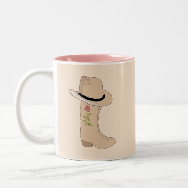 Caneca De Café Em Dois Tons Chapéu Country & Botas em Bege (Esquerda)