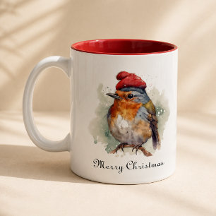 Caneca De Café Em Dois Tons Chapéu Vermelho de Natal do Robin com Aquarela Per
