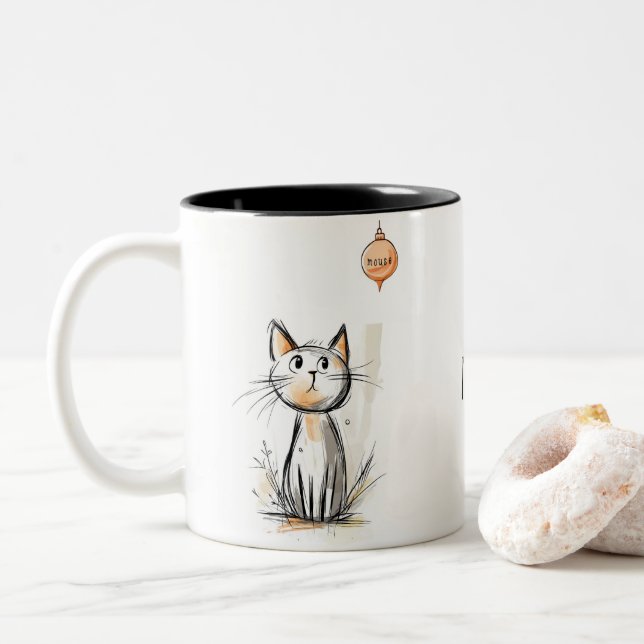 Caneca De Café Em Dois Tons Charmoso Gato Laranja numa Ilustração de Jardim (Com Donut)