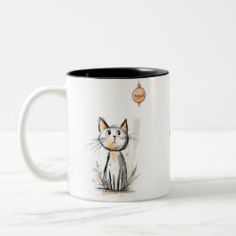 Caneca De Café Em Dois Tons Charmoso Gato Laranja numa Ilustração de Jardim