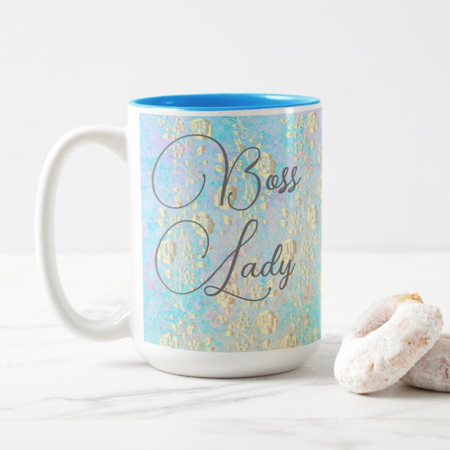 Caneca De Café Em Dois Tons Chefe Lady Dourada Floral sobre Pastels Mug (Com Donut)