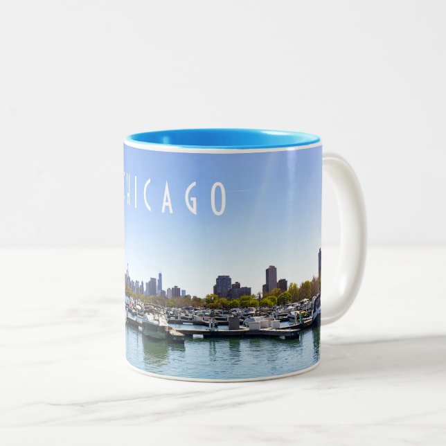 Caneca De Café Em Dois Tons Chicago Skyline Diversey Harbror (Frente Esquerda)