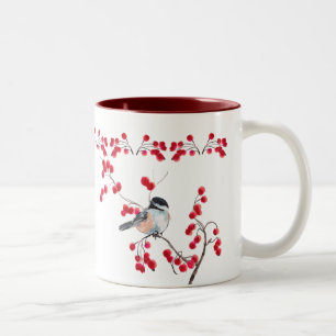 Caneca De Café Em Dois Tons CHICKADEE & BAGAS VERMELHAS por SHARON SHARPE