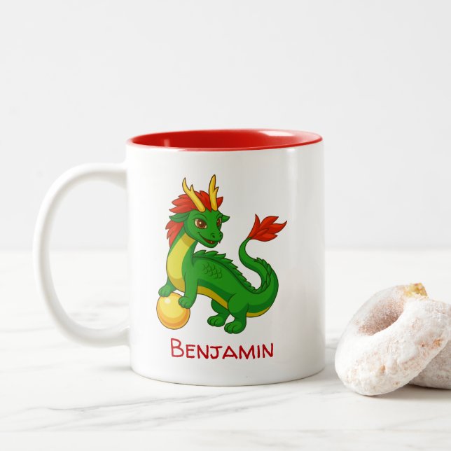 Caneca De Café Em Dois Tons Chinese Green Dragon Custom Name (Com Donut)