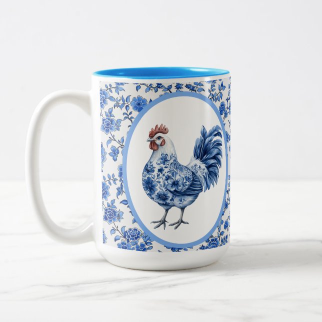 Caneca De Café Em Dois Tons Chinoiserie Azul Floral Com Galo   (Esquerda)