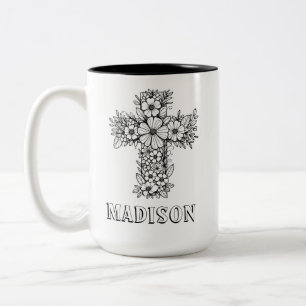 Caneca De Café Em Dois Tons Christian Faith Floral Cross - Nome Personalizado