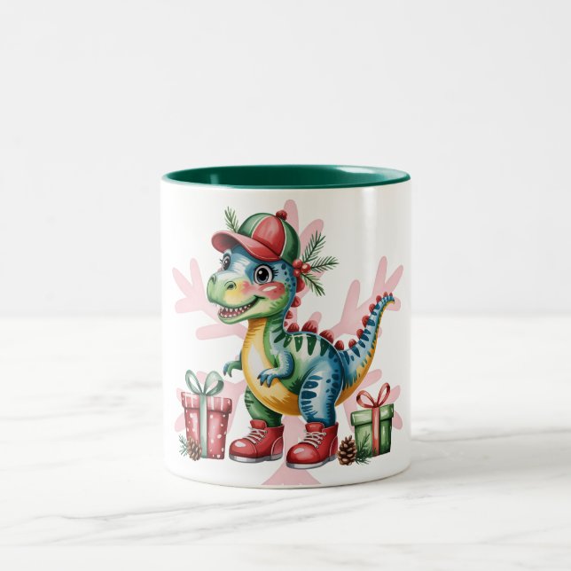 Caneca De Café Em Dois Tons Christmas Blue Dino and Presents Boy Baby Shower (Centro)