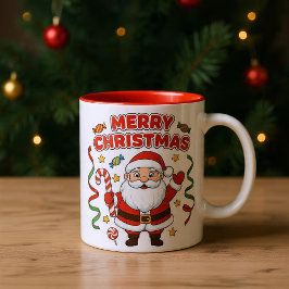 Caneca De Café Em Dois Tons Christmas Cartoon Santa Candy Ribbons