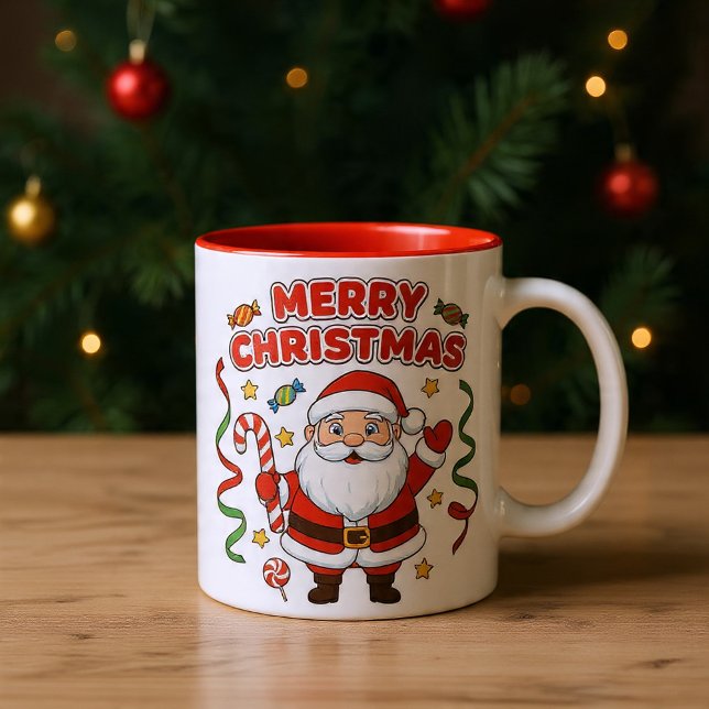 Caneca De Café Em Dois Tons Christmas Cartoon Santa Candy Ribbons (Criador carregado)