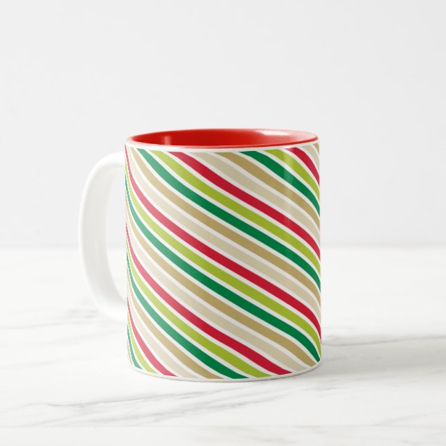 Caneca De Café Em Dois Tons CHRISTMAS STRIPES de ouro vermelho festivo (Frente Esquerda)