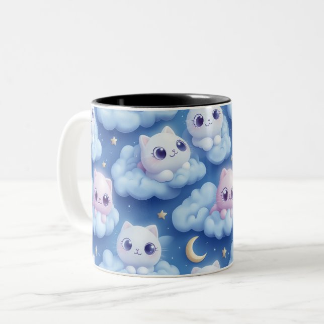 Caneca De Café Em Dois Tons "Chubby Kawaii Cats and Clouds 3D Padrão Invisível (Frente Esquerda)
