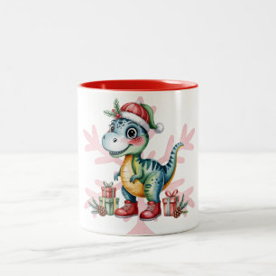 Caneca De Café Em Dois Tons Chuva de Presentes do Dinossauro Azul de Natal e M