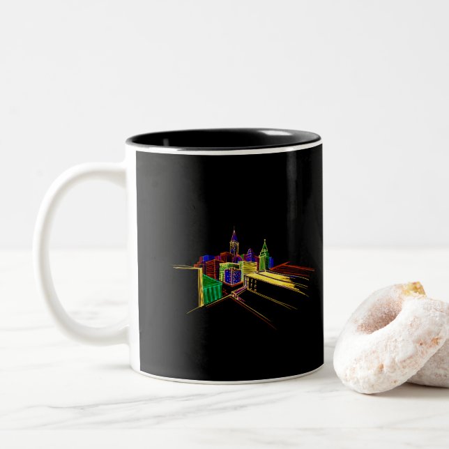 Caneca De Café Em Dois Tons Cidade vibrante (Com Donut)