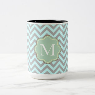 Caneca De Café Em Dois Tons Cinza Aqua Chevron Stripes Monograma