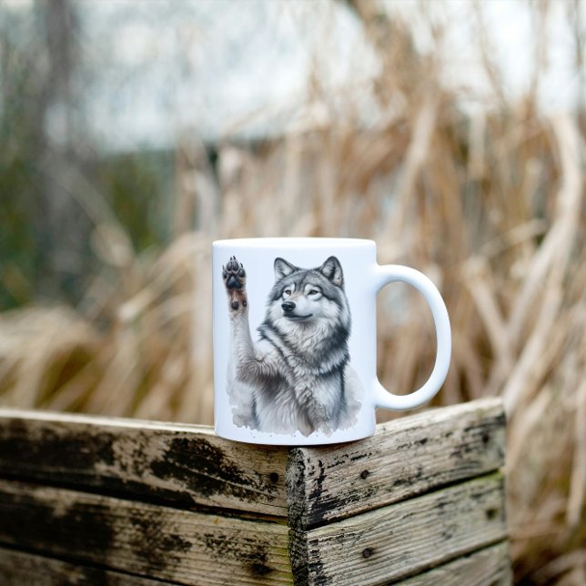 Caneca De Café Em Dois Tons Cinza artística Lobo na aquarela (Criador carregado)